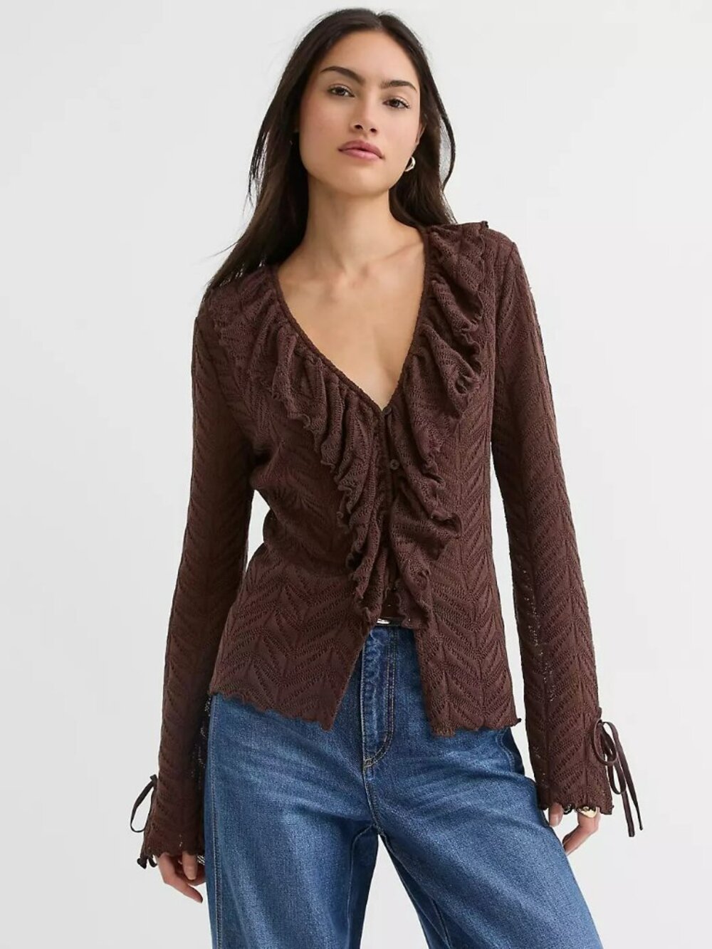 NWT Loft Brown Pointelle Ruffle Tie Cuff Cardigan Sweater Top Medium